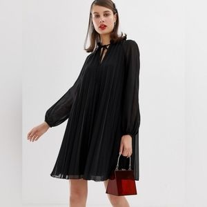 ASOS DESIGN Pleated Trapeze Mini Dress with Tie Neck